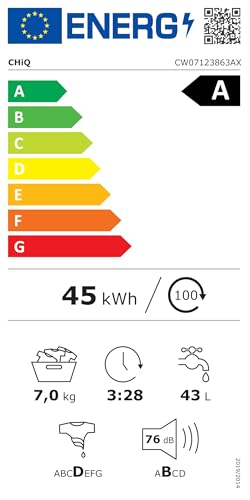 CW07123863AX Lave linge hublot - 7kg, Classe énergétique A, Moteur BLDC 1200 RPM, Lavage vapeur & rapide, 15 programmes, Design compact (60x46.5x84cm) - Gris