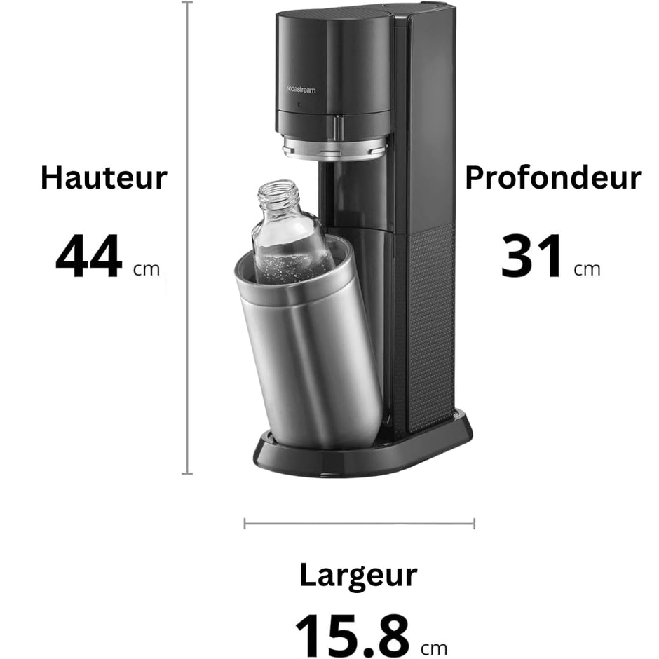 DUO Machine à Eau Pétillante et Soda pour Carafe en Verre | Pack 1 Carafe en Verre 1L + 1 Bouteille 1L Finition Acier Inoxydable Lave-Vaisselle + 1 Recharge de Gaz 60L à Clipser | Noire