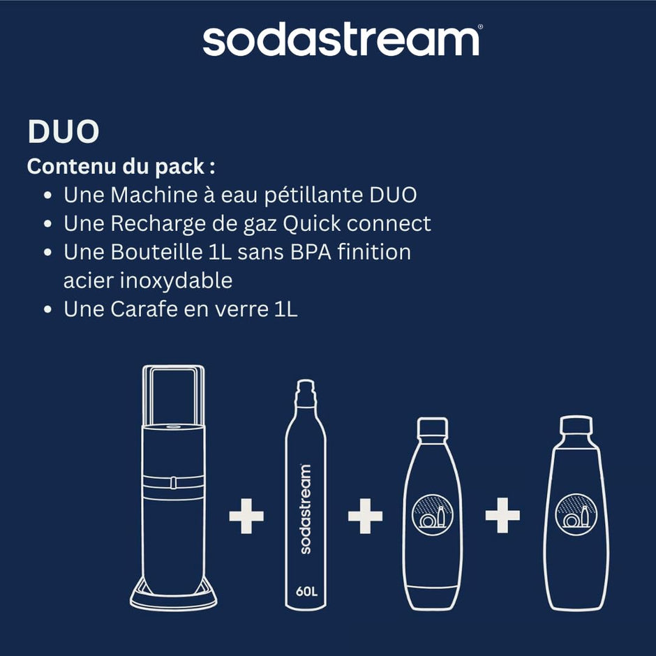 DUO Machine à Eau Pétillante et Soda pour Carafe en Verre | Pack 1 Carafe en Verre 1L + 1 Bouteille 1L Finition Acier Inoxydable Lave-Vaisselle + 1 Recharge de Gaz 60L à Clipser | Noire