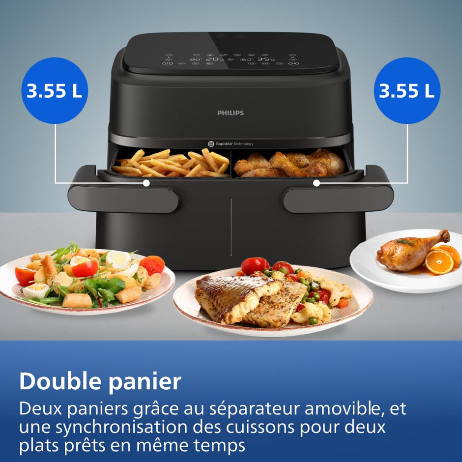 Air Fryer Série 1000 Panier Flexible avec Séparateur Amovible - Airfryer 7.1L, Technologie RapidAir, 10 Modes de Cuisson, 90% Matières Grasses en Moins(NA154/00)