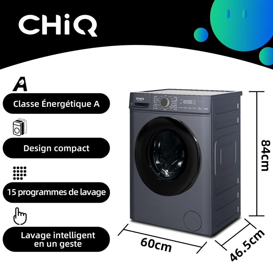 CW07123863AX Lave linge hublot - 7kg, Classe énergétique A, Moteur BLDC 1200 RPM, Lavage vapeur & rapide, 15 programmes, Design compact (60x46.5x84cm) - Gris
