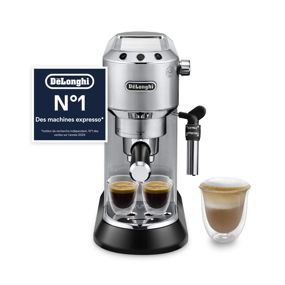 Dedica Style EC685.M, Machine à Expresso avec Buse à Mousse de Lait Professionnelle, Seulement 15 cm de Large, Réservoir de 1 L, Boîtier en Métal, Compatible avec les Dosettes E.S.E, Métal