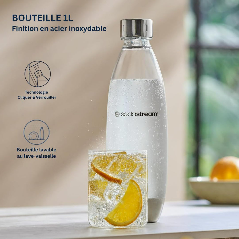 DUO Machine à Eau Pétillante et Soda pour Carafe en Verre | Pack 1 Carafe en Verre 1L + 1 Bouteille 1L Finition Acier Inoxydable Lave-Vaisselle + 1 Recharge de Gaz 60L à Clipser | Noire