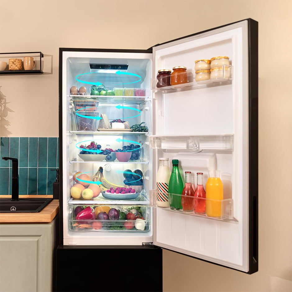 Réfrigérateur combiné Bolero CoolMarket Combi 250 WD Black Glass D. Capacité de 250L, classe D, compresseur Inverter, Total No Frost, porte réversible