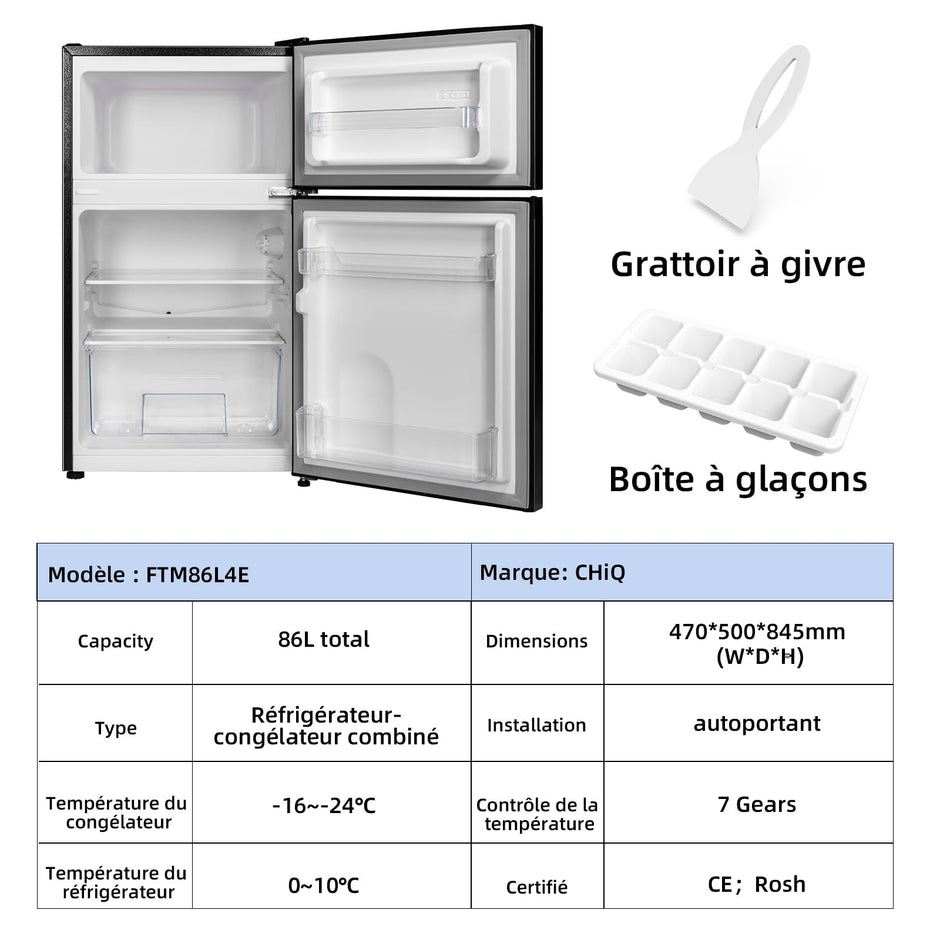 Réfrigérateur congélateur en haut Réfrigérateur congélateur - 86 L (61/25L) - Portes réversibles, Congélateur 4 étoiles, Machine à glaçons, Garantie compresseur 12 ans, Classe E