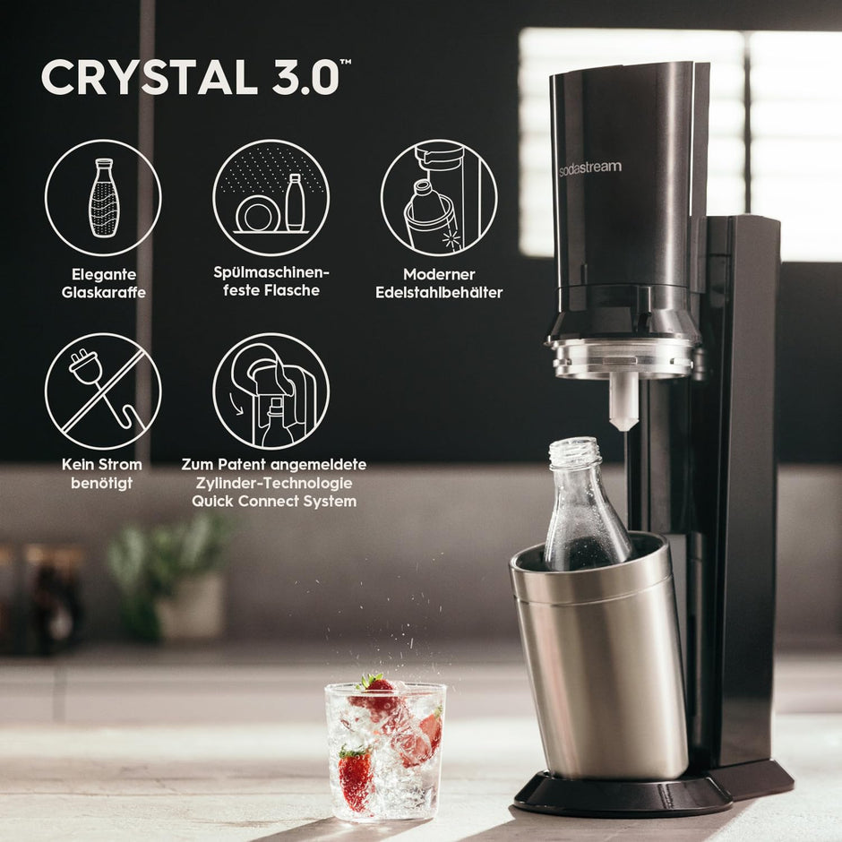 Machine à gazéifier Crystal 3.0 avec cylindre de CO2 Quick-Connect | avec 2 bouteilles en verre Crystal de 0,8 l | Couleur : titane