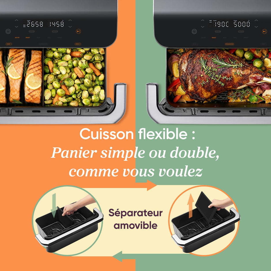 Air Fryer 10L Twinfry, Friteuse sans Huile Double Résistance, Airfryer à Dual Zone Avec Séparateur Amovible