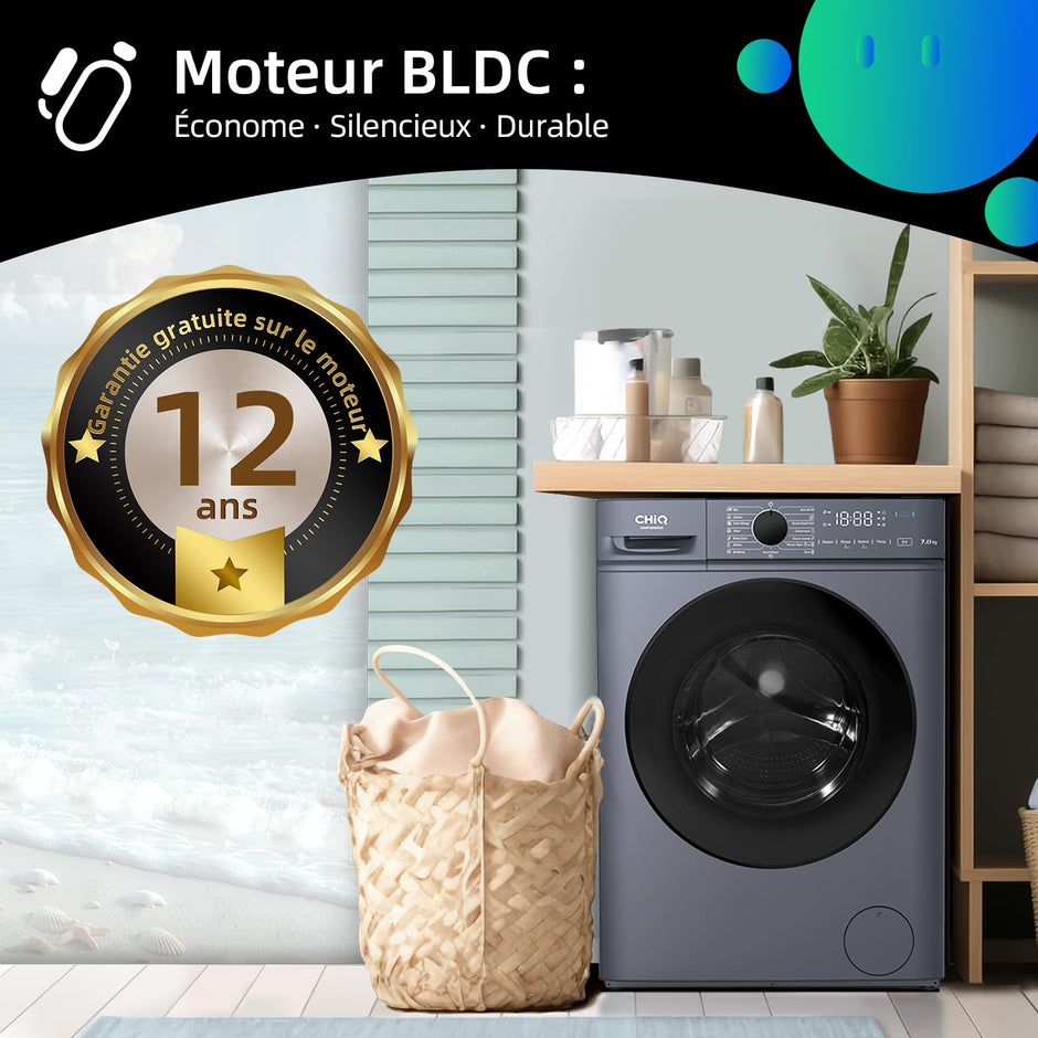 CW07123863AX Lave linge hublot - 7kg, Classe énergétique A, Moteur BLDC 1200 RPM, Lavage vapeur & rapide, 15 programmes, Design compact (60x46.5x84cm) - Gris