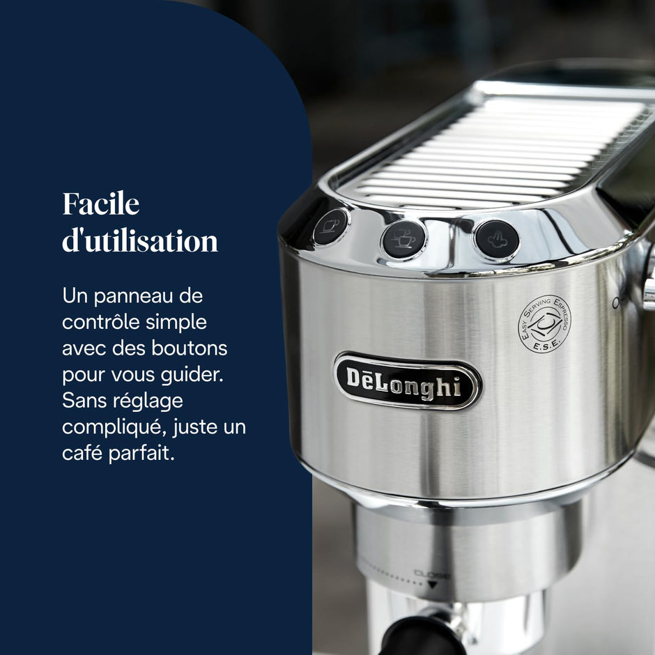 Dedica Style EC685.M, Machine à Expresso avec Buse à Mousse de Lait Professionnelle, Seulement 15 cm de Large, Réservoir de 1 L, Boîtier en Métal, Compatible avec les Dosettes E.S.E, Métal