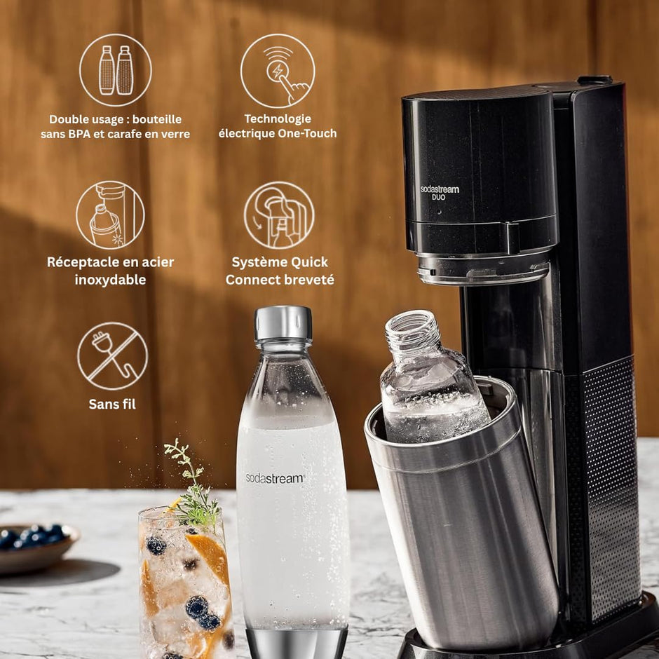 DUO Machine à Eau Pétillante et Soda pour Carafe en Verre | Pack 1 Carafe en Verre 1L + 1 Bouteille 1L Finition Acier Inoxydable Lave-Vaisselle + 1 Recharge de Gaz 60L à Clipser | Noire