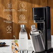 DUO Machine à Eau Pétillante et Soda pour Carafe en Verre | Pack 1 Carafe en Verre 1L + 1 Bouteille 1L Finition Acier Inoxydable Lave-Vaisselle + 1 Recharge de Gaz 60L à Clipser | Noire