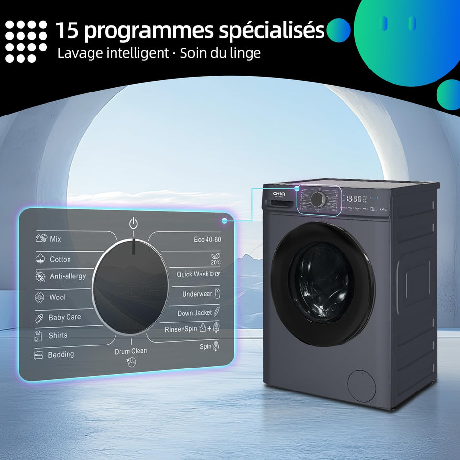 CW07123863AX Lave linge hublot - 7kg, Classe énergétique A, Moteur BLDC 1200 RPM, Lavage vapeur & rapide, 15 programmes, Design compact (60x46.5x84cm) - Gris