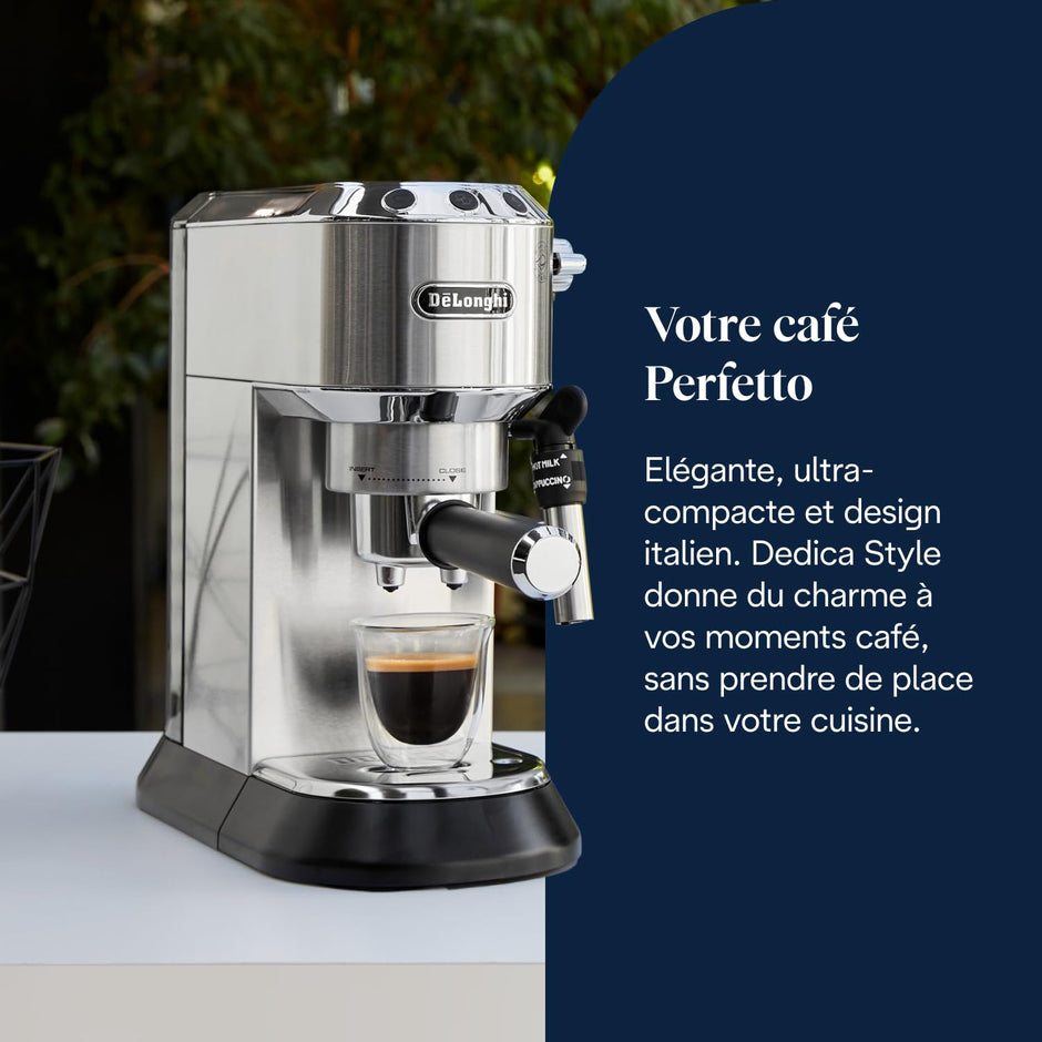 Dedica Style EC685.M, Machine à Expresso avec Buse à Mousse de Lait Professionnelle, Seulement 15 cm de Large, Réservoir de 1 L, Boîtier en Métal, Compatible avec les Dosettes E.S.E, Métal