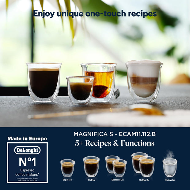 Magnifica S - Perfetto Machine à Café Automatique avec Mousseur à Lait Manuel, Machine à Espresso et Cappuccino, Panneau de Commande avec Boutons, Noir (ECAM11.112.B)