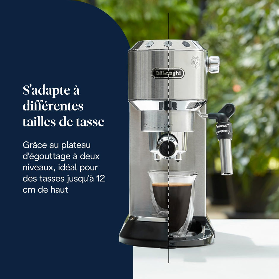 Dedica Style EC685.M, Machine à Expresso avec Buse à Mousse de Lait Professionnelle, Seulement 15 cm de Large, Réservoir de 1 L, Boîtier en Métal, Compatible avec les Dosettes E.S.E, Métal