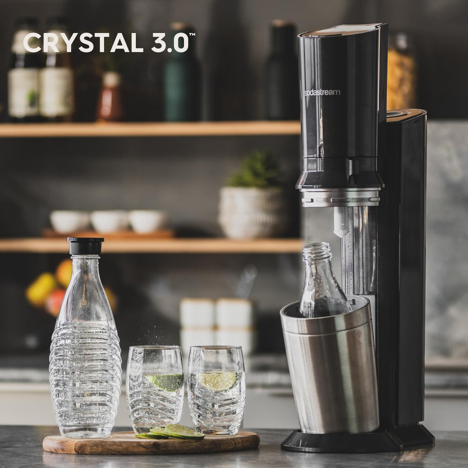 Machine à gazéifier Crystal 3.0 avec cylindre de CO2 Quick-Connect | avec 2 bouteilles en verre Crystal de 0,8 l | Couleur : titane