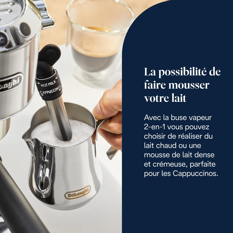 Dedica Style EC685.M, Machine à Expresso avec Buse à Mousse de Lait Professionnelle, Seulement 15 cm de Large, Réservoir de 1 L, Boîtier en Métal, Compatible avec les Dosettes E.S.E, Métal